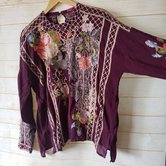 Johnny Was Dionne Embroidered Blouse Long Sleeves Round Neck Purple Size Small - Picture 6 of 14